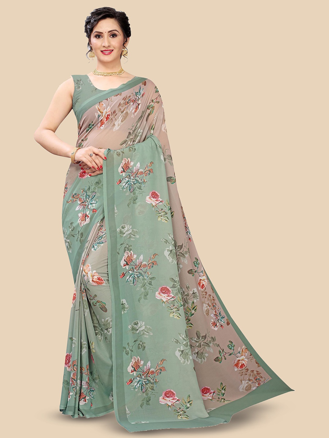 

Fevinaa Floral Printed Saree, Green
