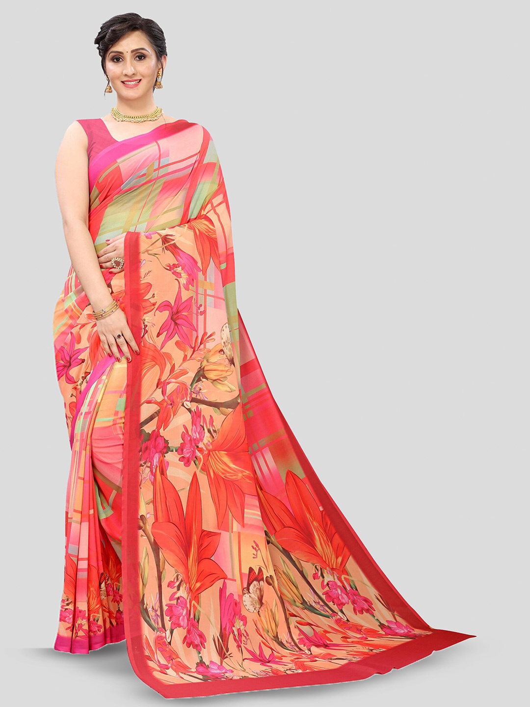 

Fevinaa Floral Printed Pure Georgette Saree, Red