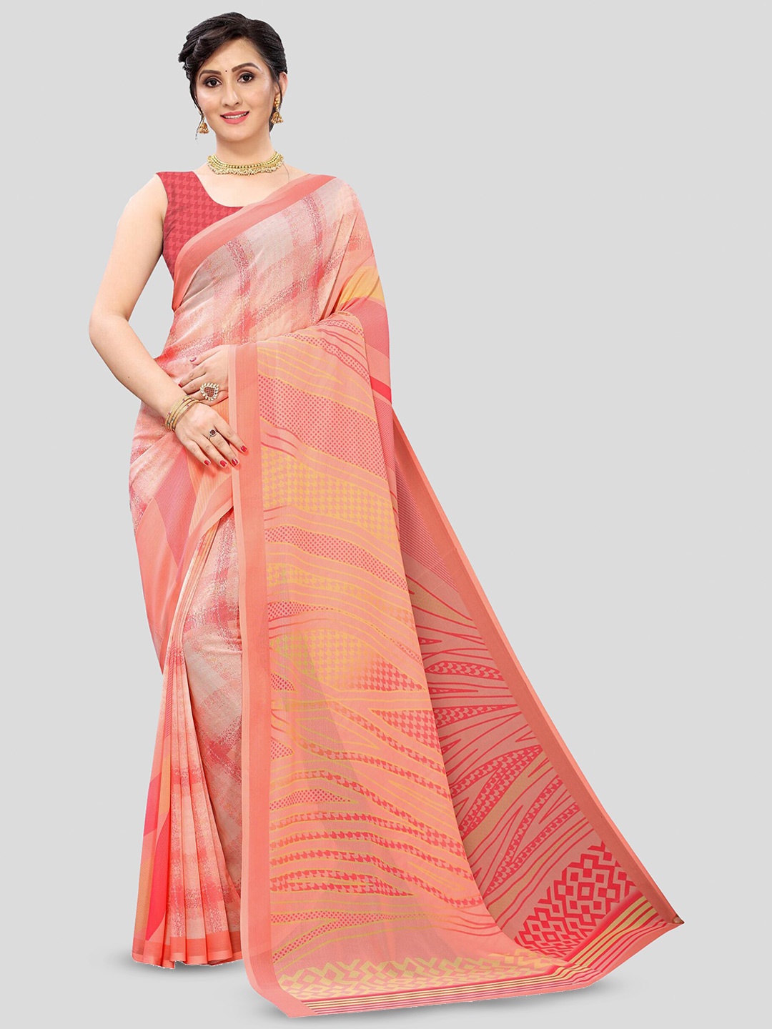 

Fevinaa Geometric Printed Pure Georgette Saree, Peach