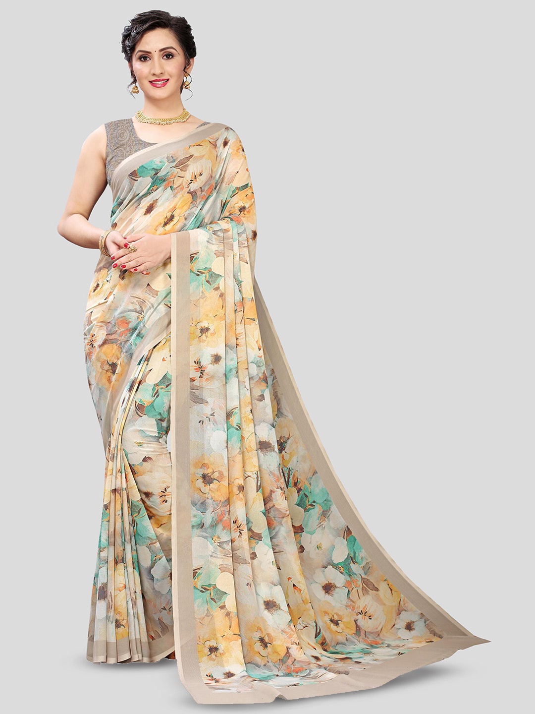 

Fevinaa Floral Printed Pure Georgette Saree, Coffee brown