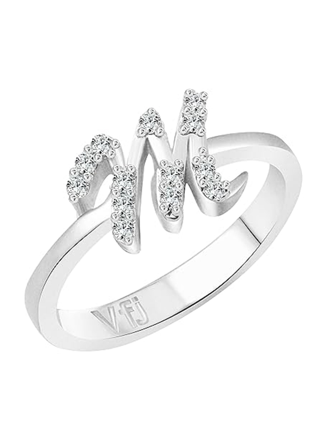 

Vighnaharta Rhodium-Plated CZ Studded Alphabet M Finger Ring, Silver