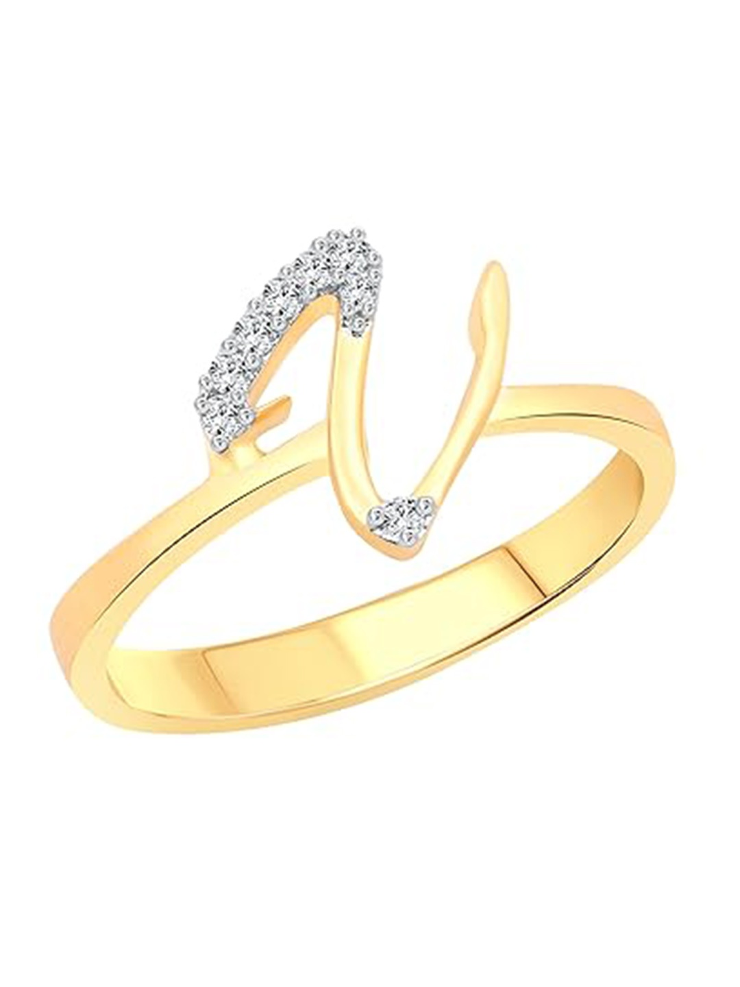 Vighnaharta Gold-Plated CZ Studded Alphabet V Finger Ring