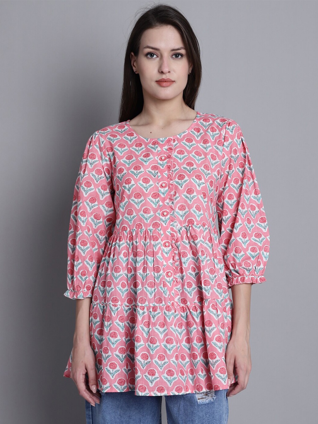 

Rajnandini Floral Print Puff Sleeve Pure Cotton Top, Pink