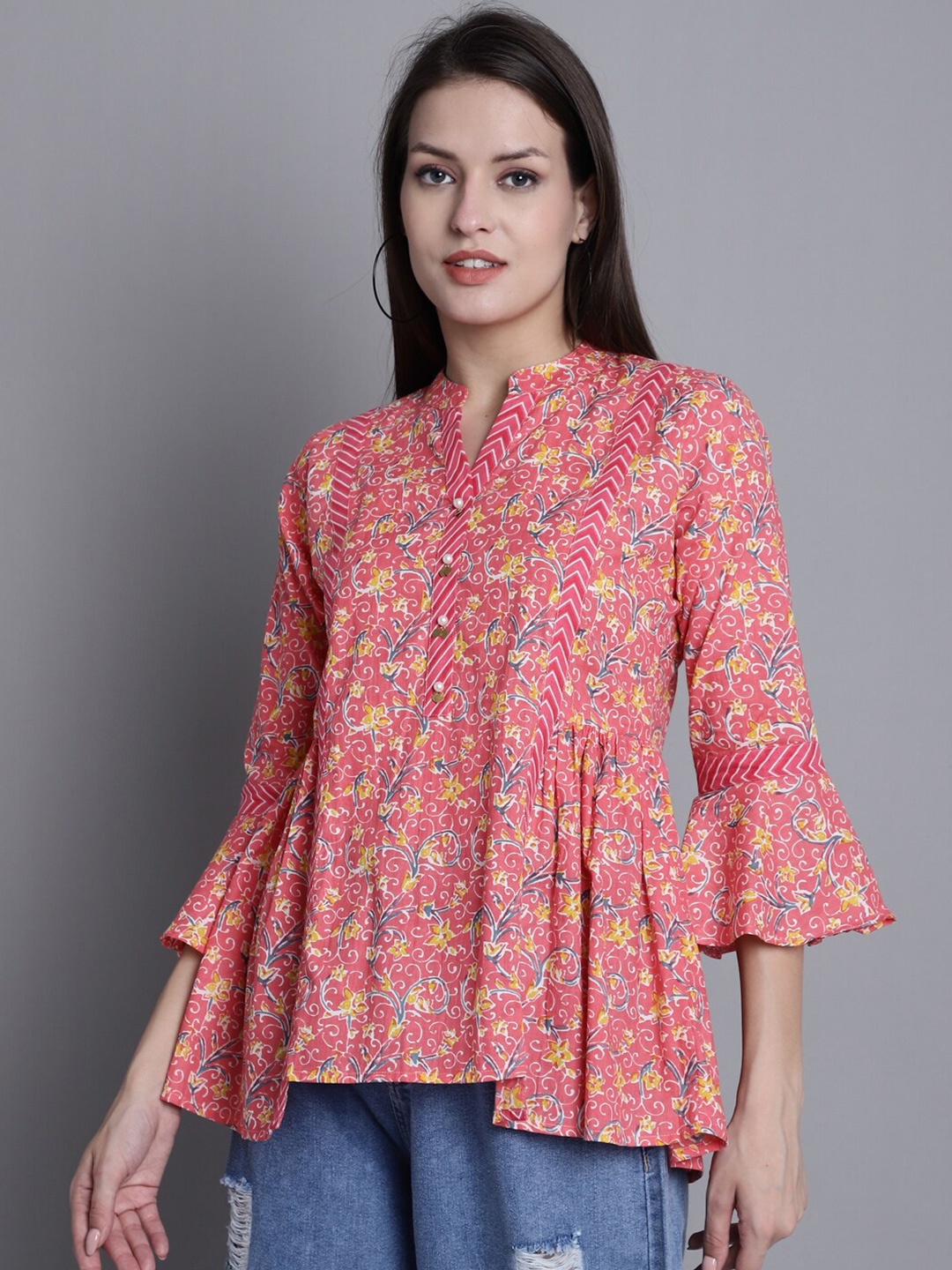 

Rajnandini Floral Printed Mandarin Collar Cotton A-Line Top, Pink