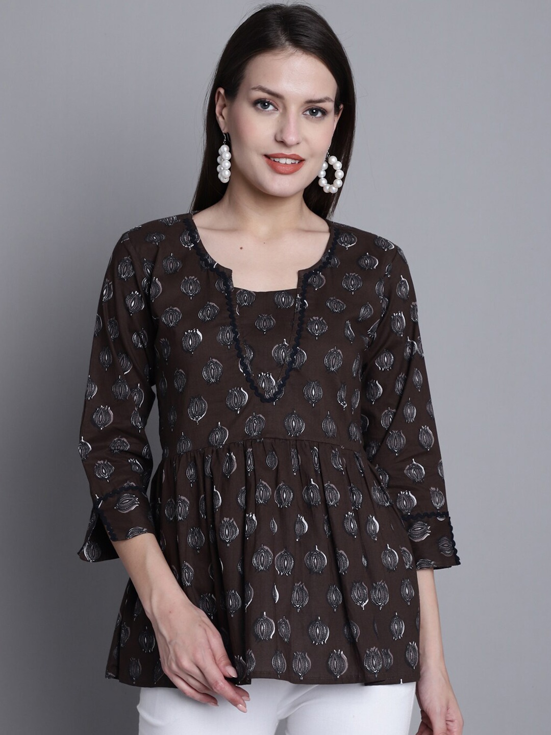 

Rajnandini Ethnic Motifs Printed Pure Cotton A-Line Top, Brown