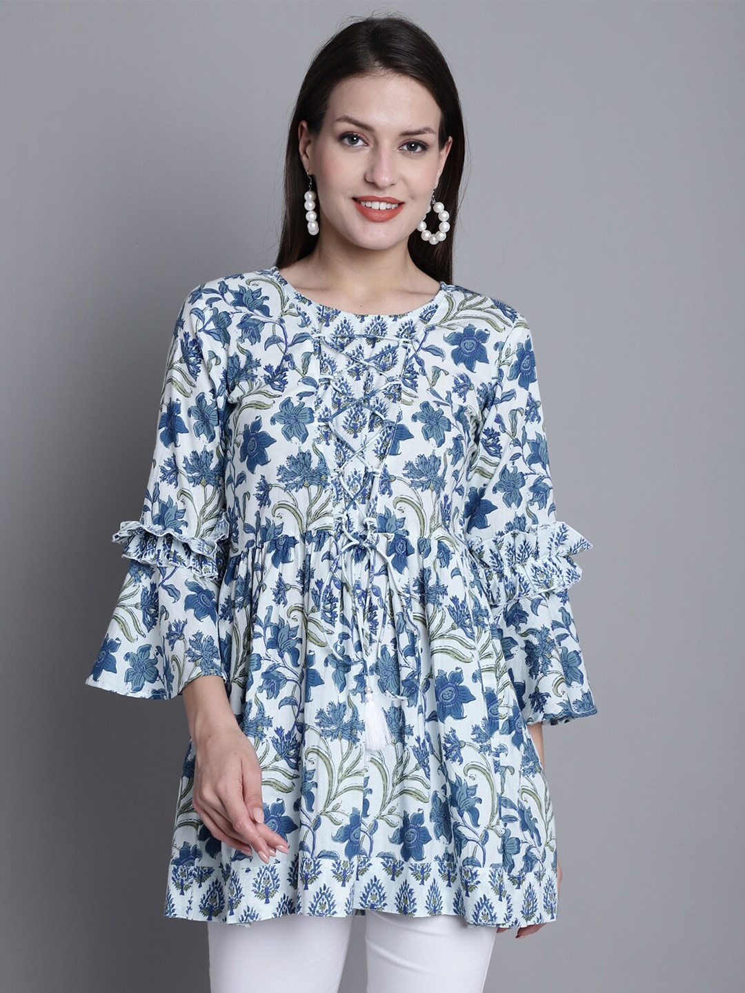 

Rajnandini Floral Printed Pure Cotton A-Line Kurti, White
