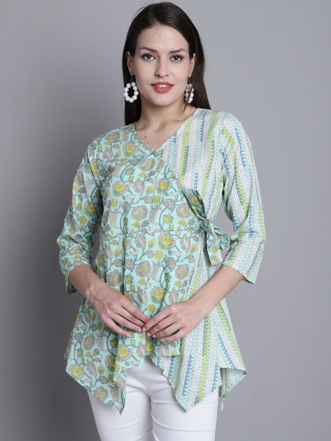 

Rajnandini Floral Printed V-Neck Pure Cotton Wrap Top, Sea green