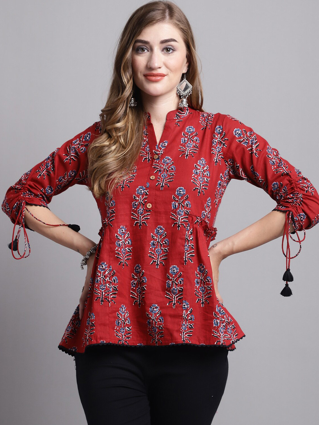 

Rajnandini Floral Printed Mandarin Collar Pure Cotton A-line Top, Maroon