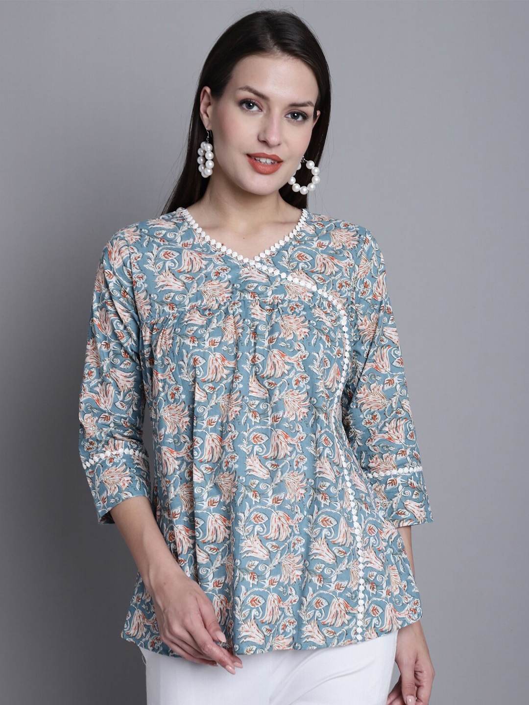 

Rajnandini Floral Printed V-Neck Pure Cotton A-line Top, Blue