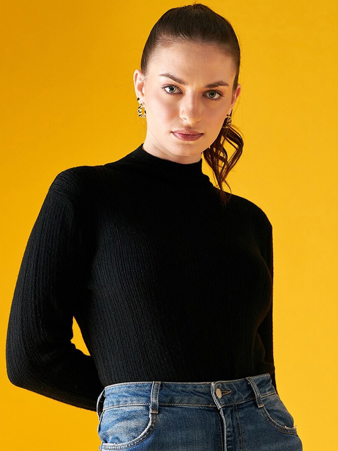 

98 Degree North Ribbed High Neck Acrylic Pullover, Black