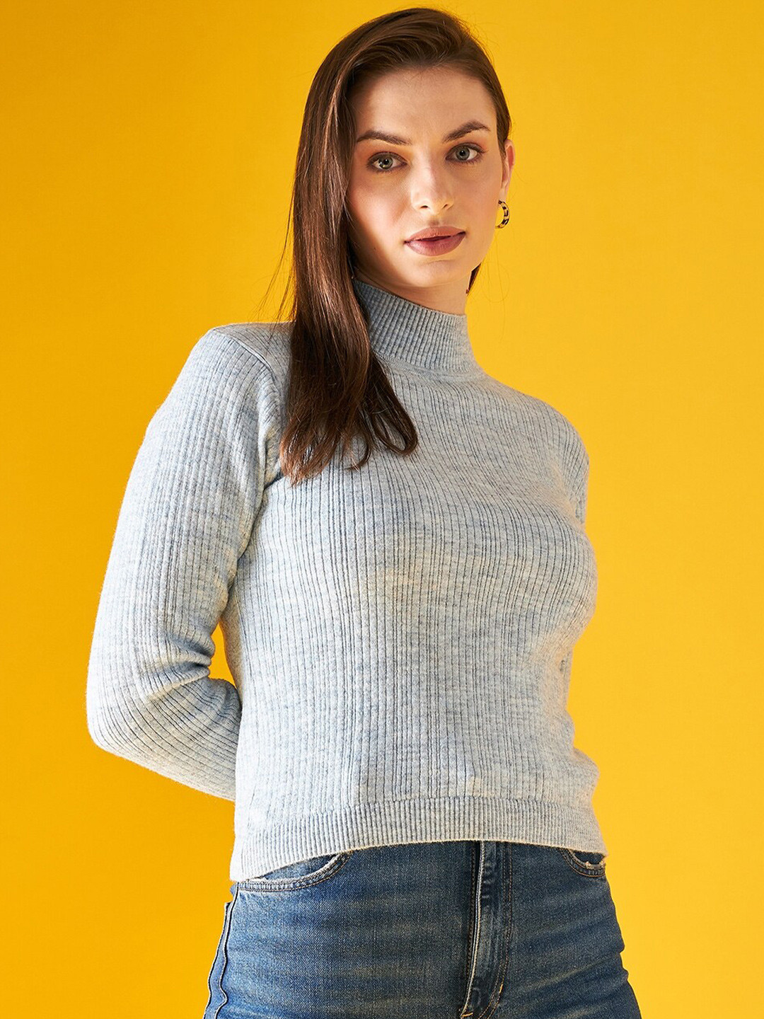 

98 Degree North Ribbed High Neck Acrylic Pullover, Grey
