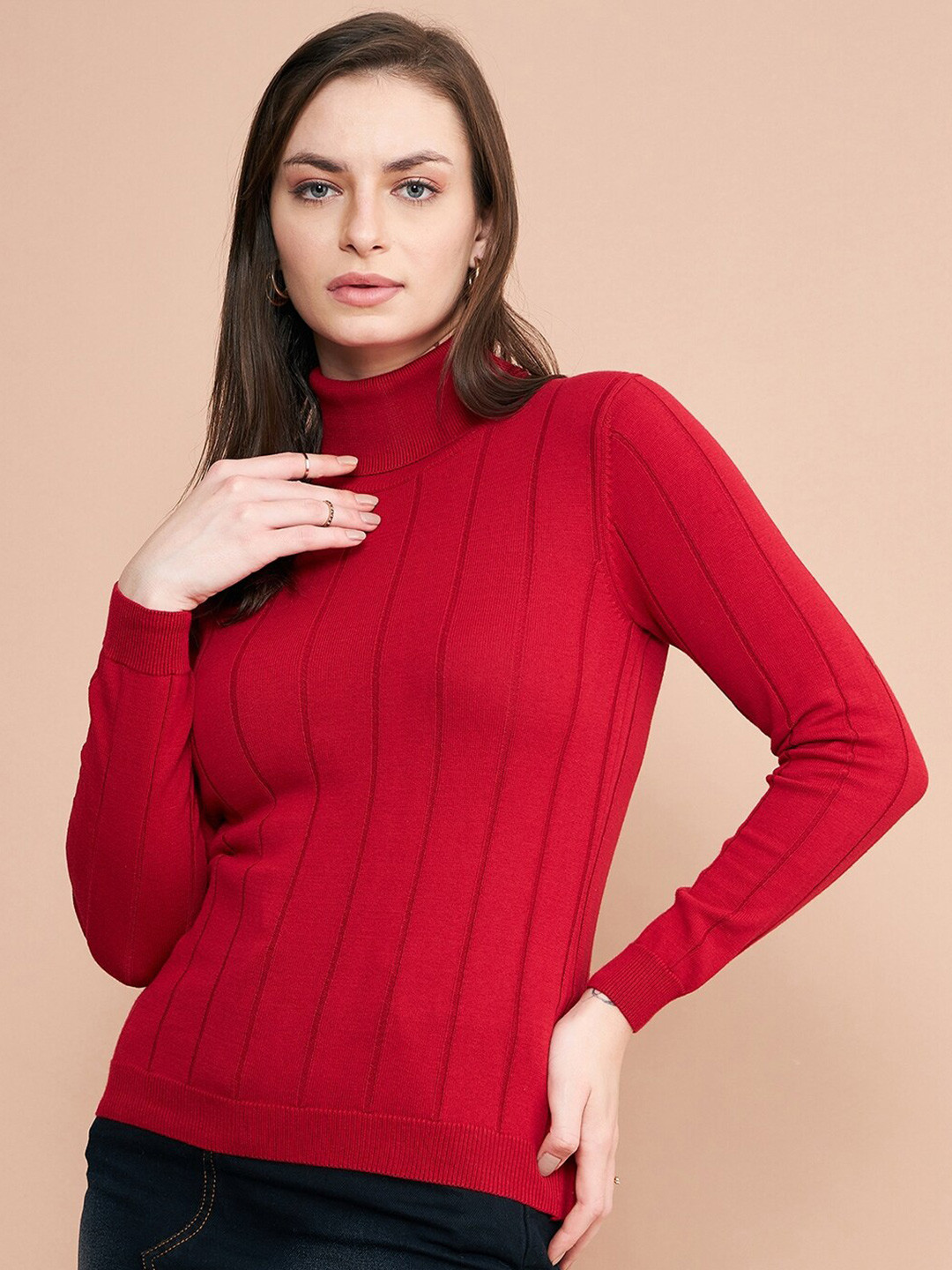 

98 Degree North Striped Turtle Neck Cotton Pullover, Red