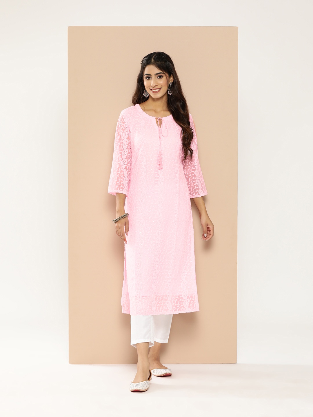 

HERE&NOW Ethnic Motifs Embroidered Chikankari Georgette Kurta, Pink