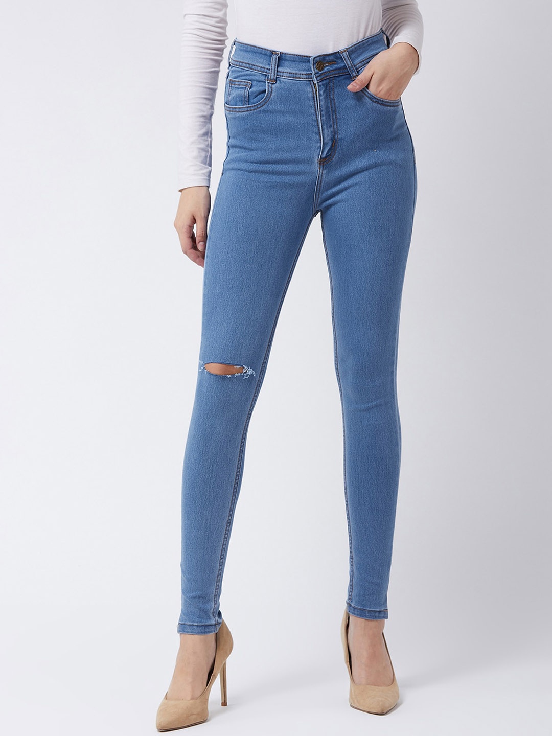 

DressBerry Women Blue Skinny Fit High-Rise Slash Knee Stretchable Jeans
