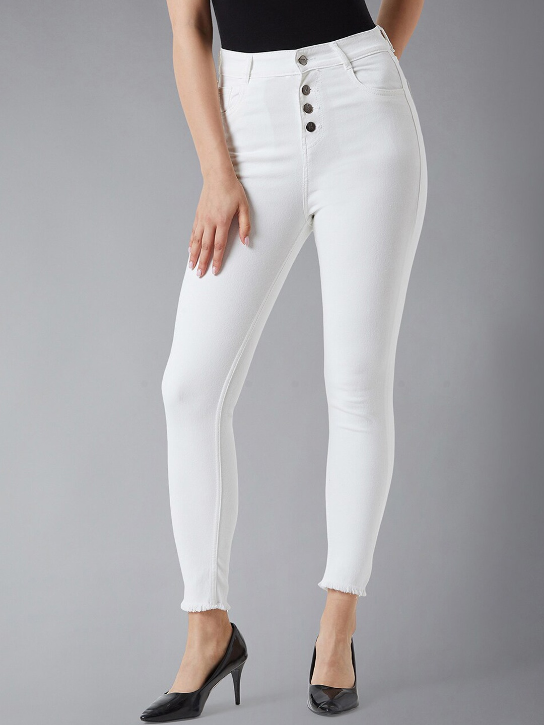 

DressBerry Women Skinny Fit High Rise Clean Look Frayed Hem Cropped Stretchable Jeans, White