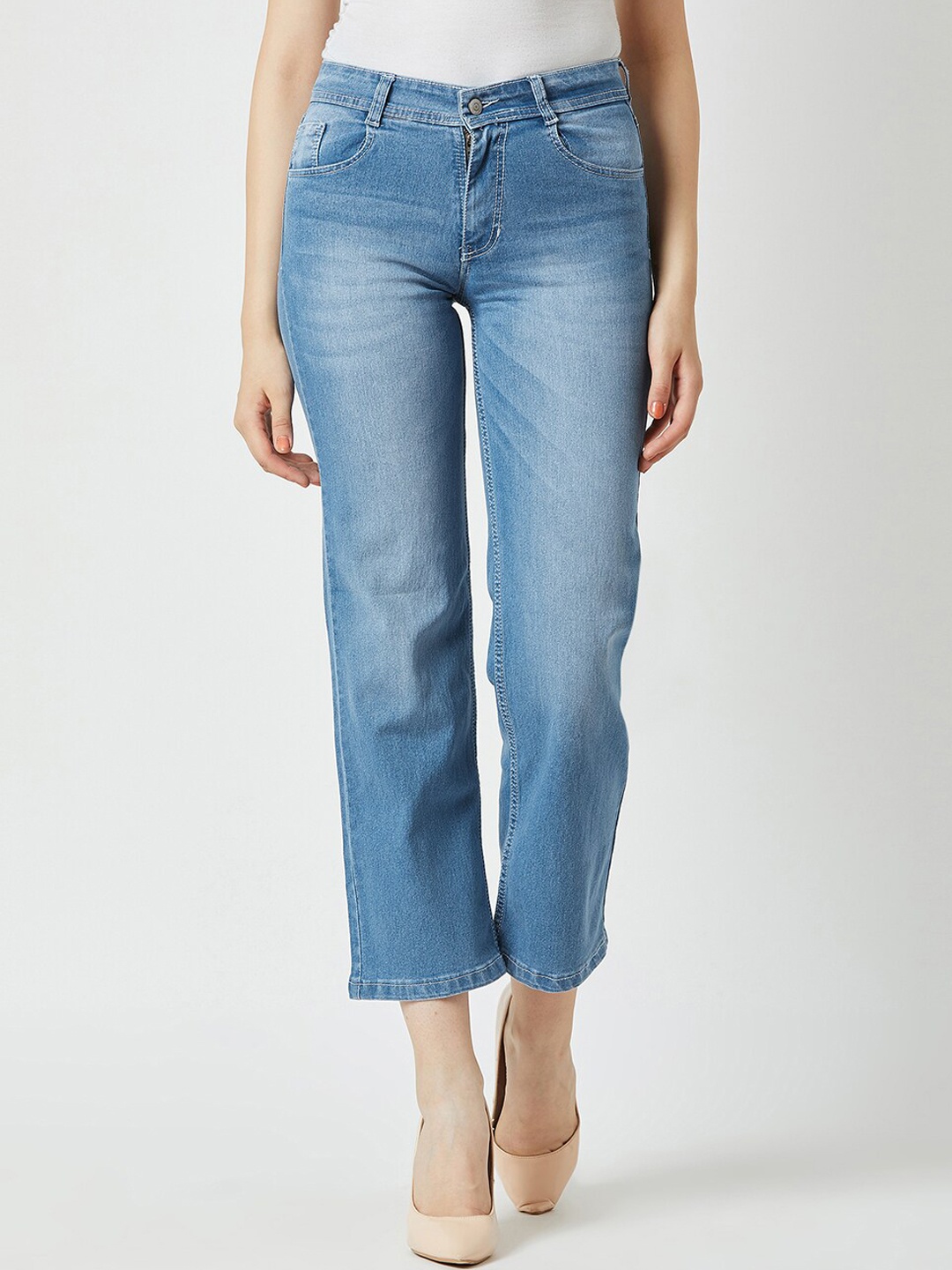 

DressBerry Women Wide Leg Mid Rise Light Fade Cotton Stretchable Jeans, Blue