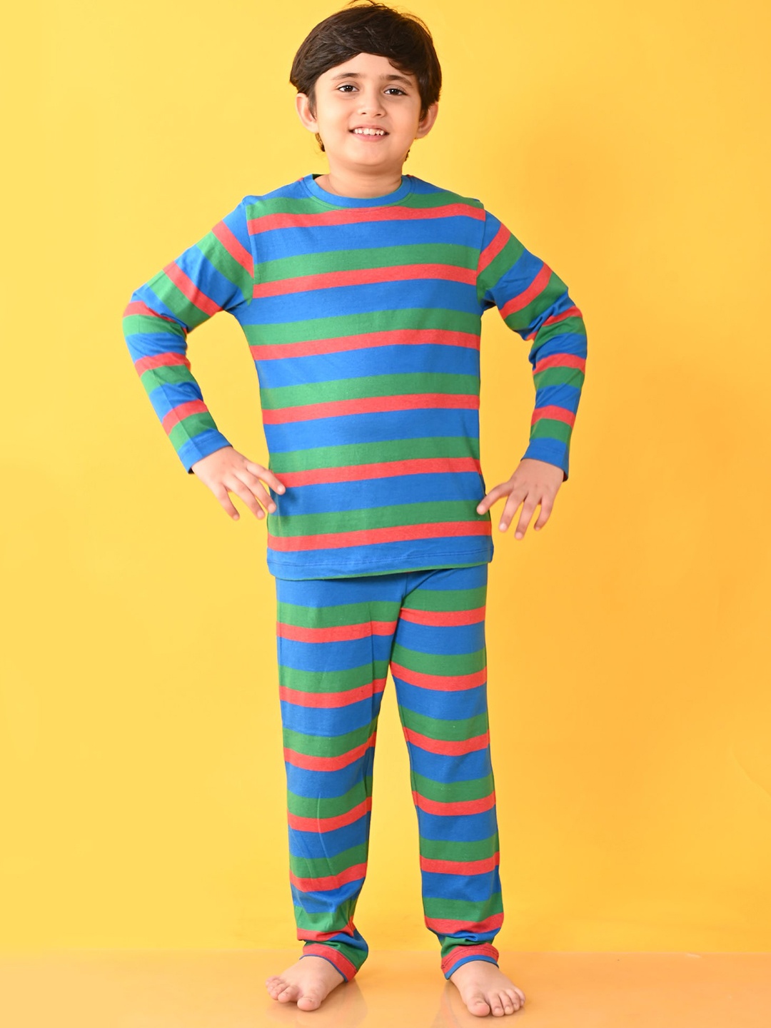 

Anthrilo Boys Striped Printed Round Neck Long Sleeve Night suit, Blue