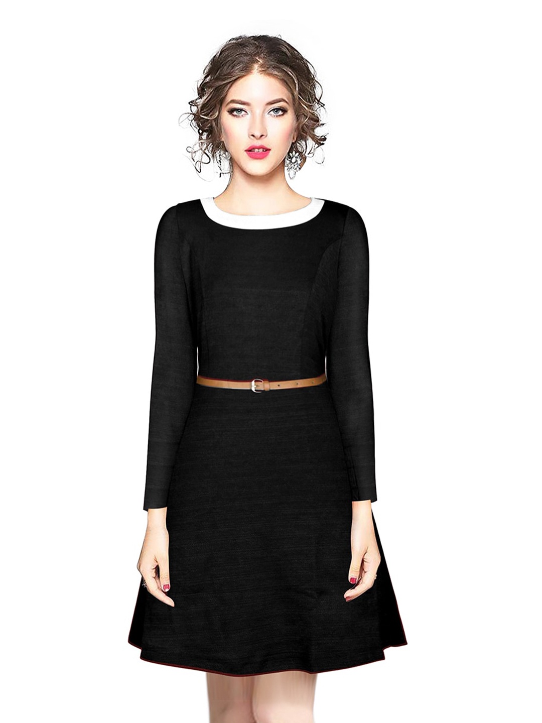 

BAESD Round Neck Belted Knitted Fit & Flare Dress, Black