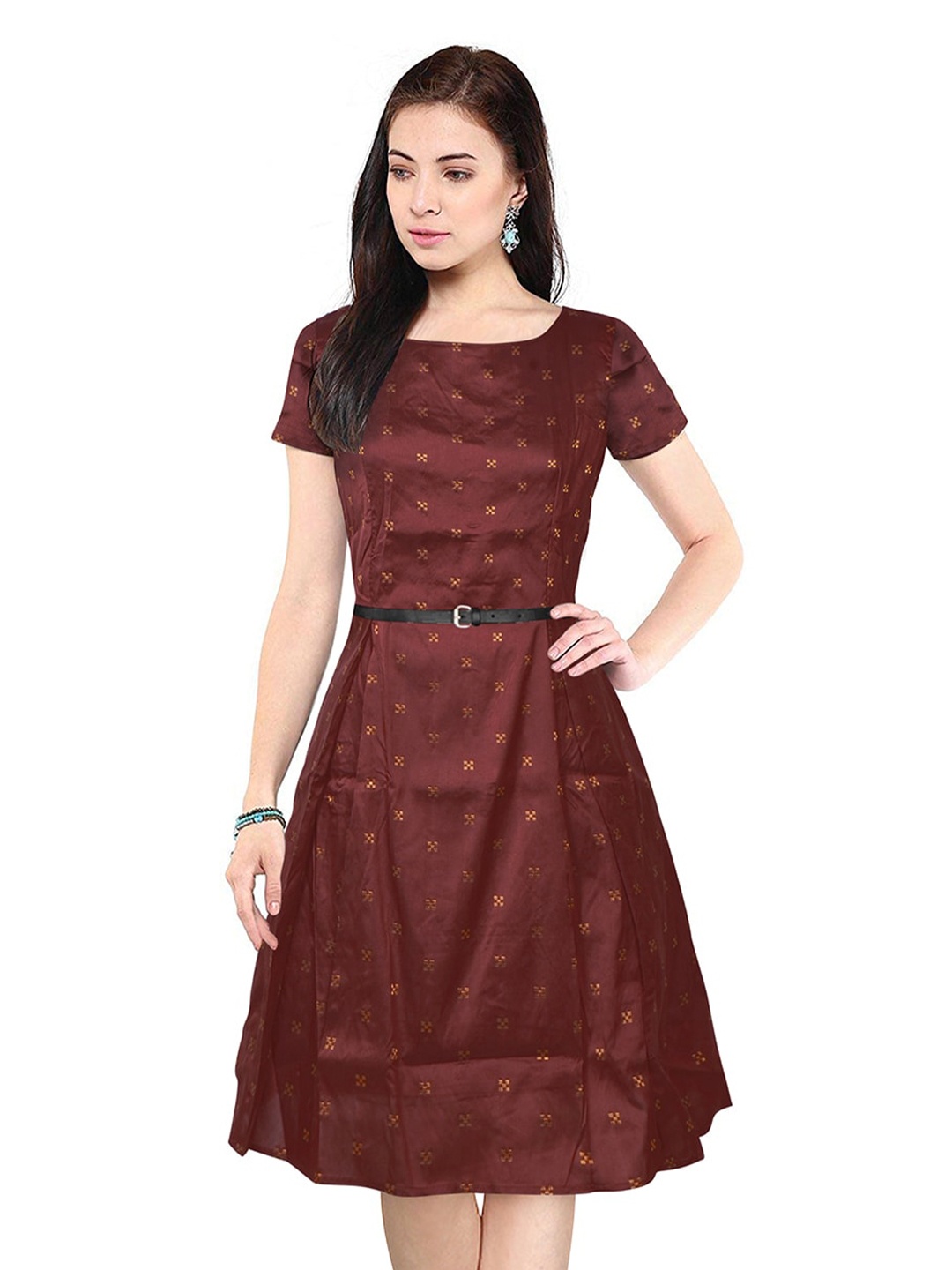 

BAESD Geometric Printed Belted Fit & Flare Dress, Maroon