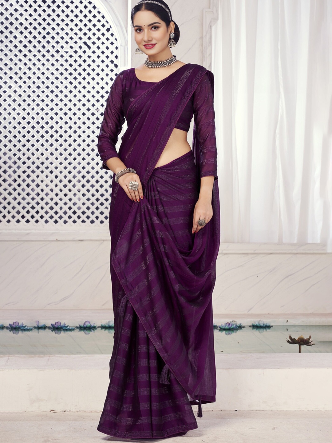 

V3 FASHION STUDIO Striped Woven Design Zari Pure Chiffon Banarasi Saree, Purple