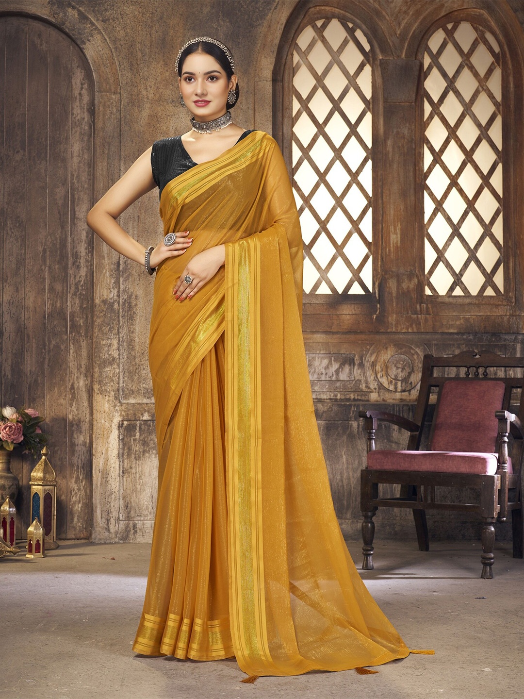 

V3 FASHION STUDIO Pure Chiffon Banarasi Saree, Orange