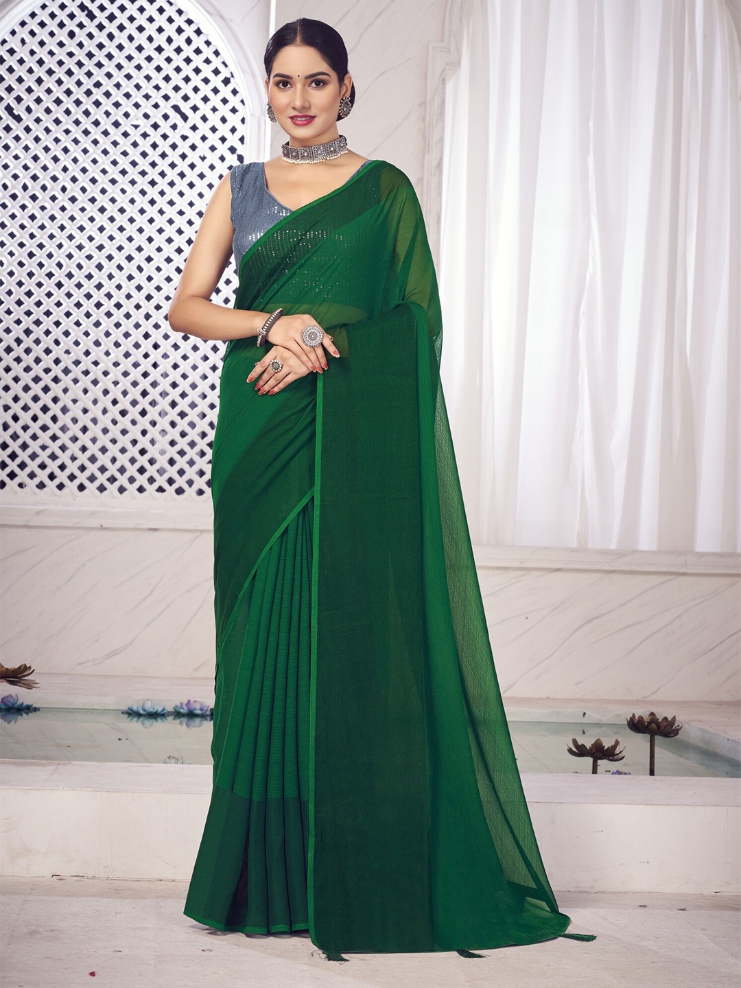 

V3 FASHION STUDIO Pure Chiffon Banarasi Saree, Green