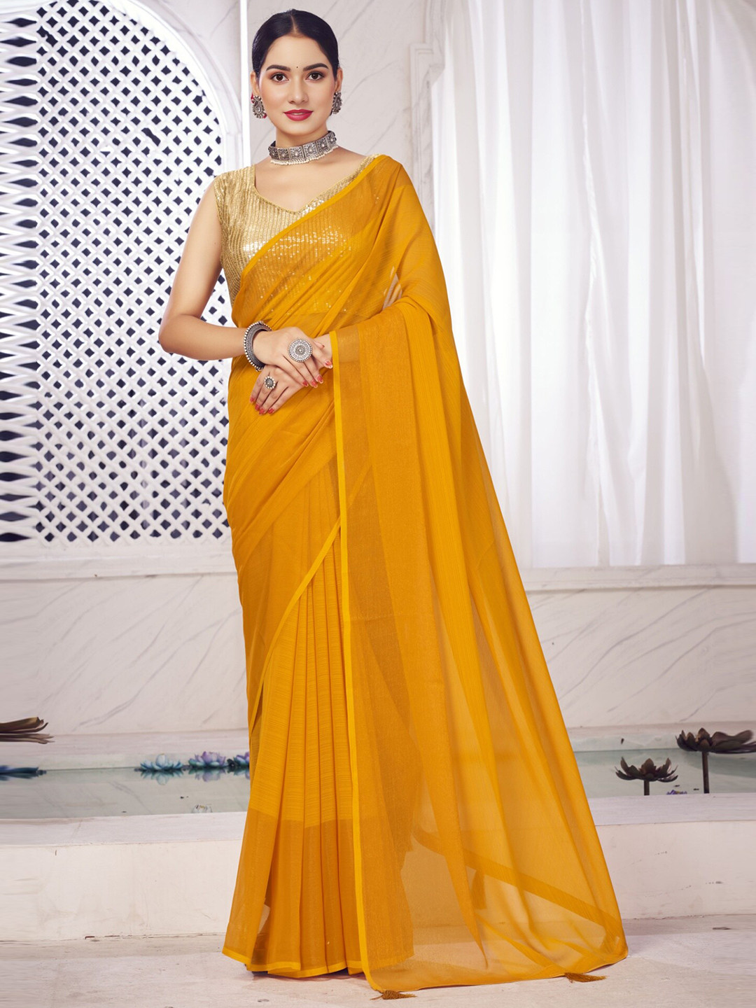 

V3 FASHION STUDIO Striped Pure Chiffon Banarasi Saree, Orange