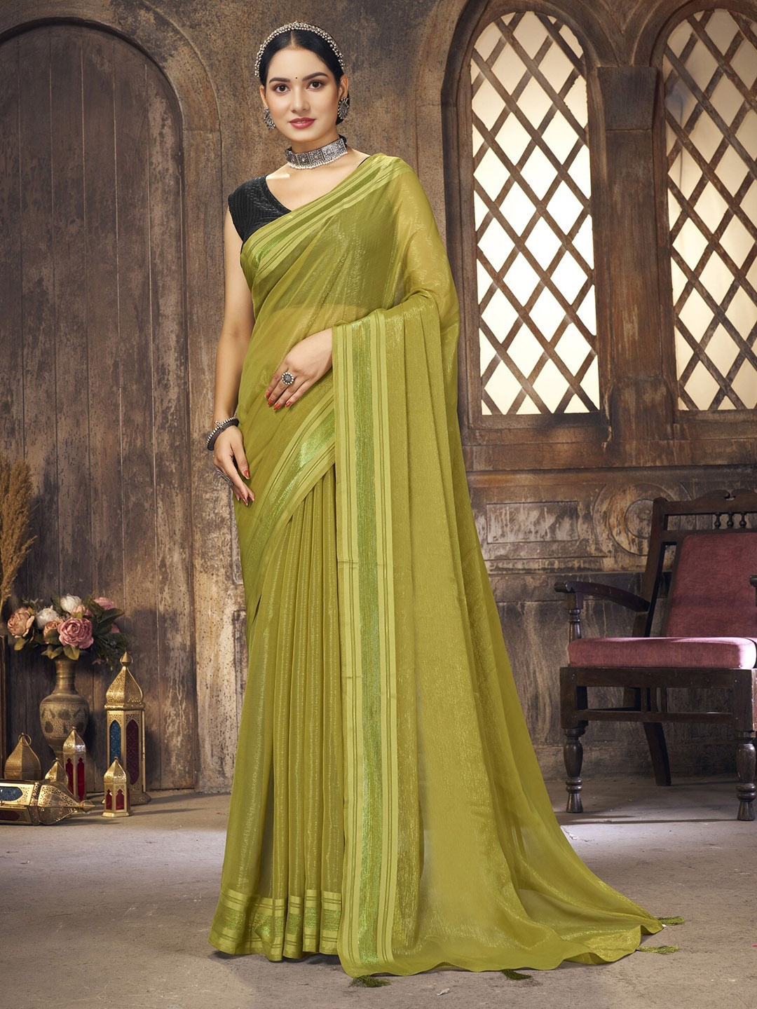 

V3 FASHION STUDIO Pure Chiffon Banarasi Saree, Green