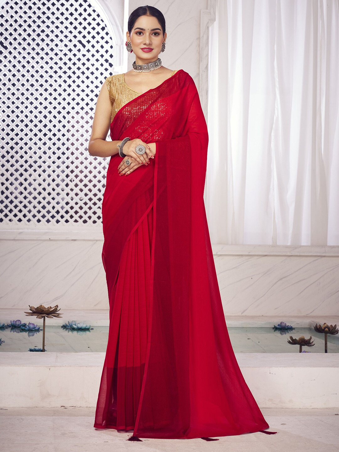 

V3 FASHION STUDIO Striped Pure Chiffon Banarasi Saree, Red