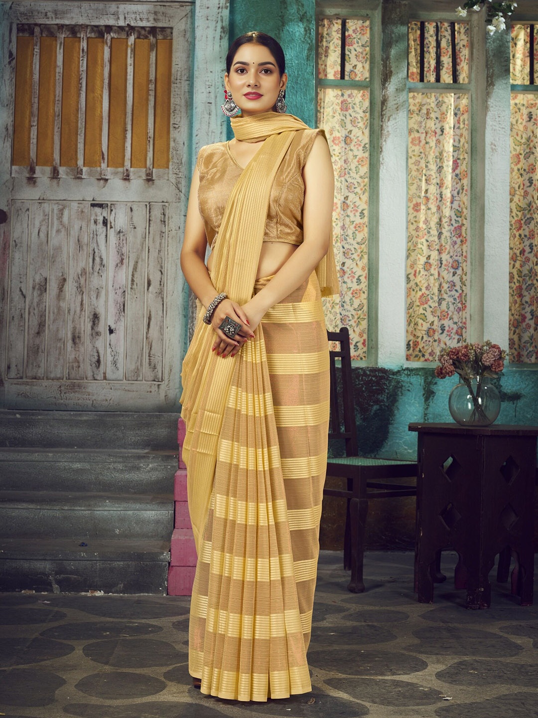 

V3 FASHION STUDIO Striped Pure Chiffon Banarasi Saree, Orange