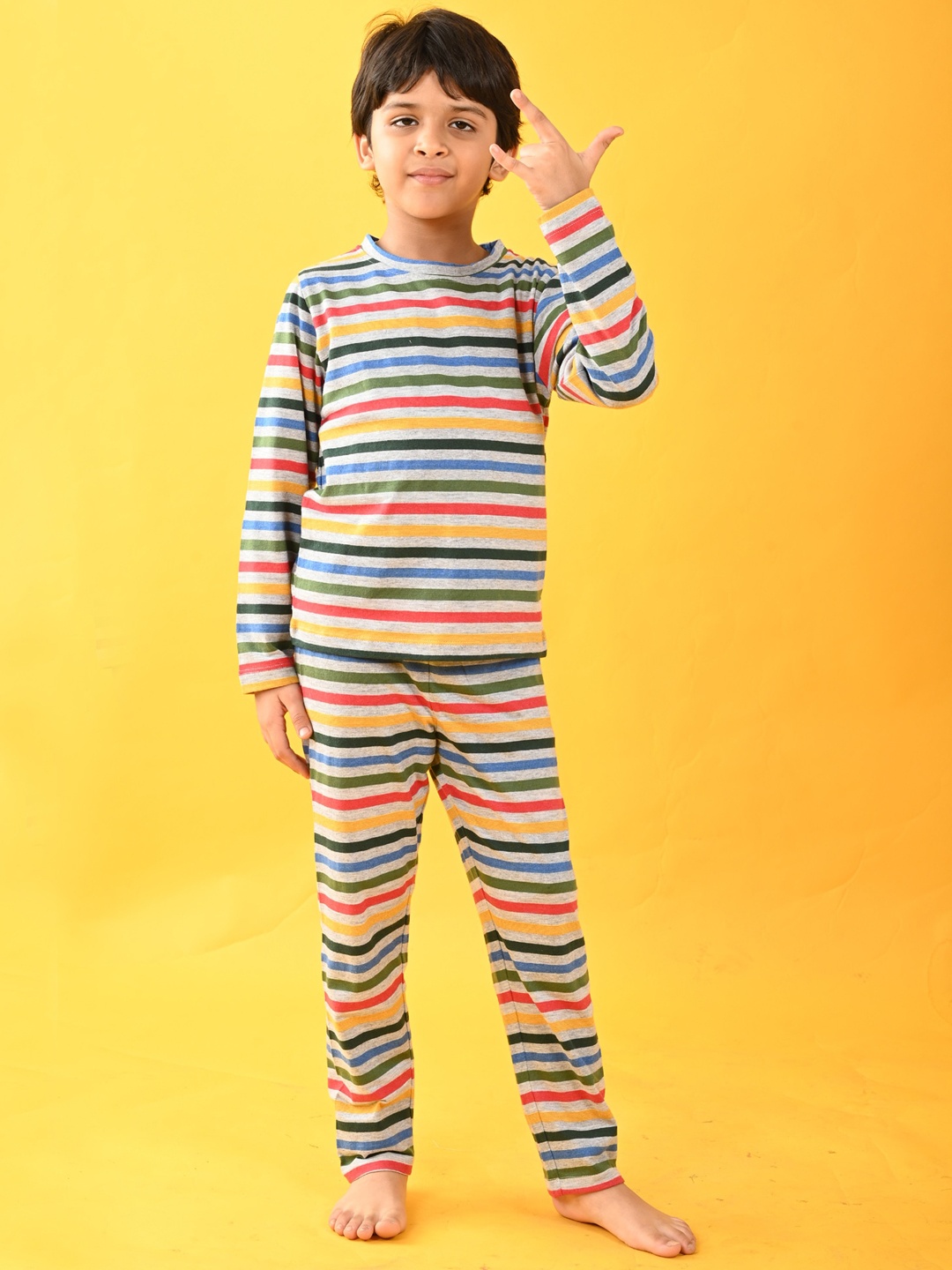 

Anthrilo Boys Striped Long Sleeves Night suit, Grey