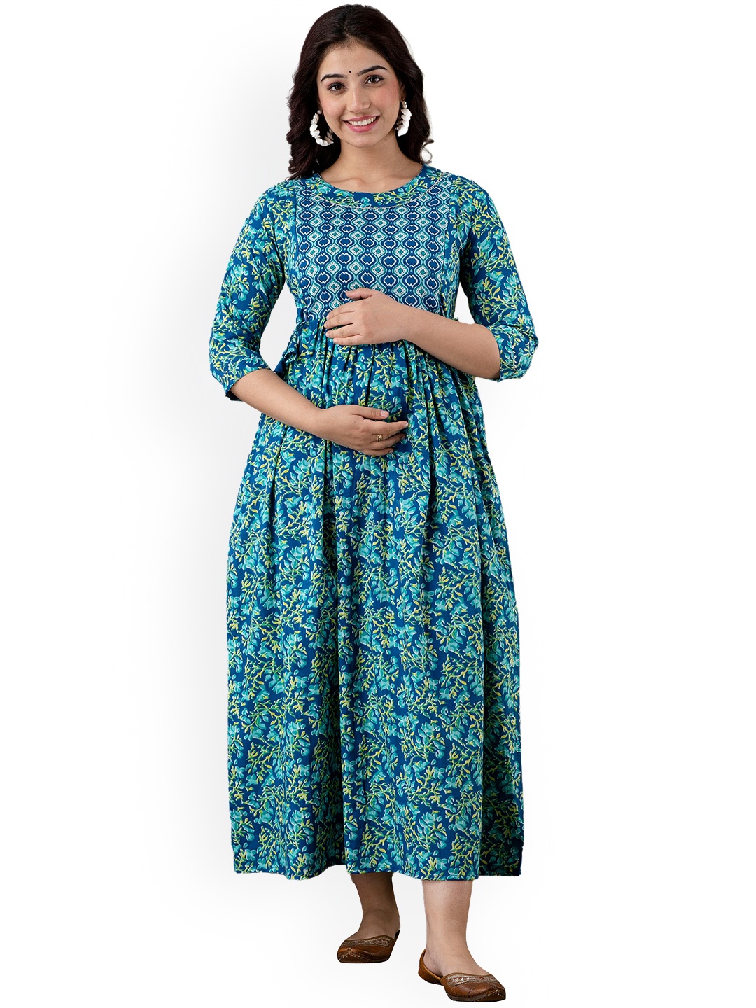 

NITVAN Women Navy Blue Printed Block Print Maternity Anarkali Kurta