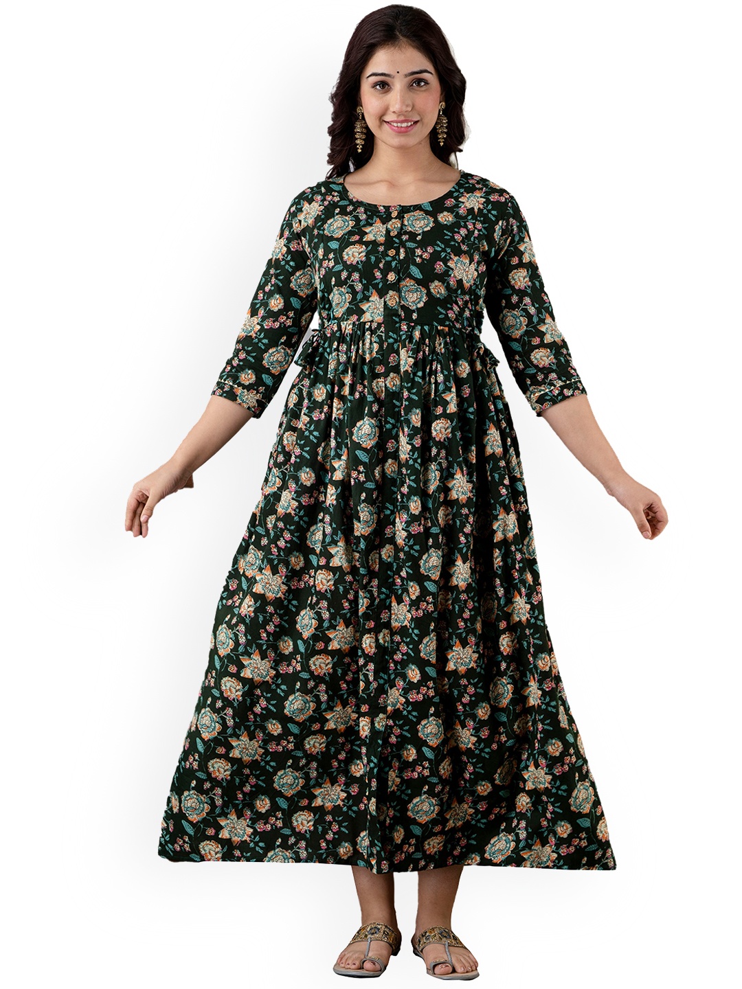 

NITVAN Floral Printed Cotton Anarkali Maternity Feeding Kurta, Black