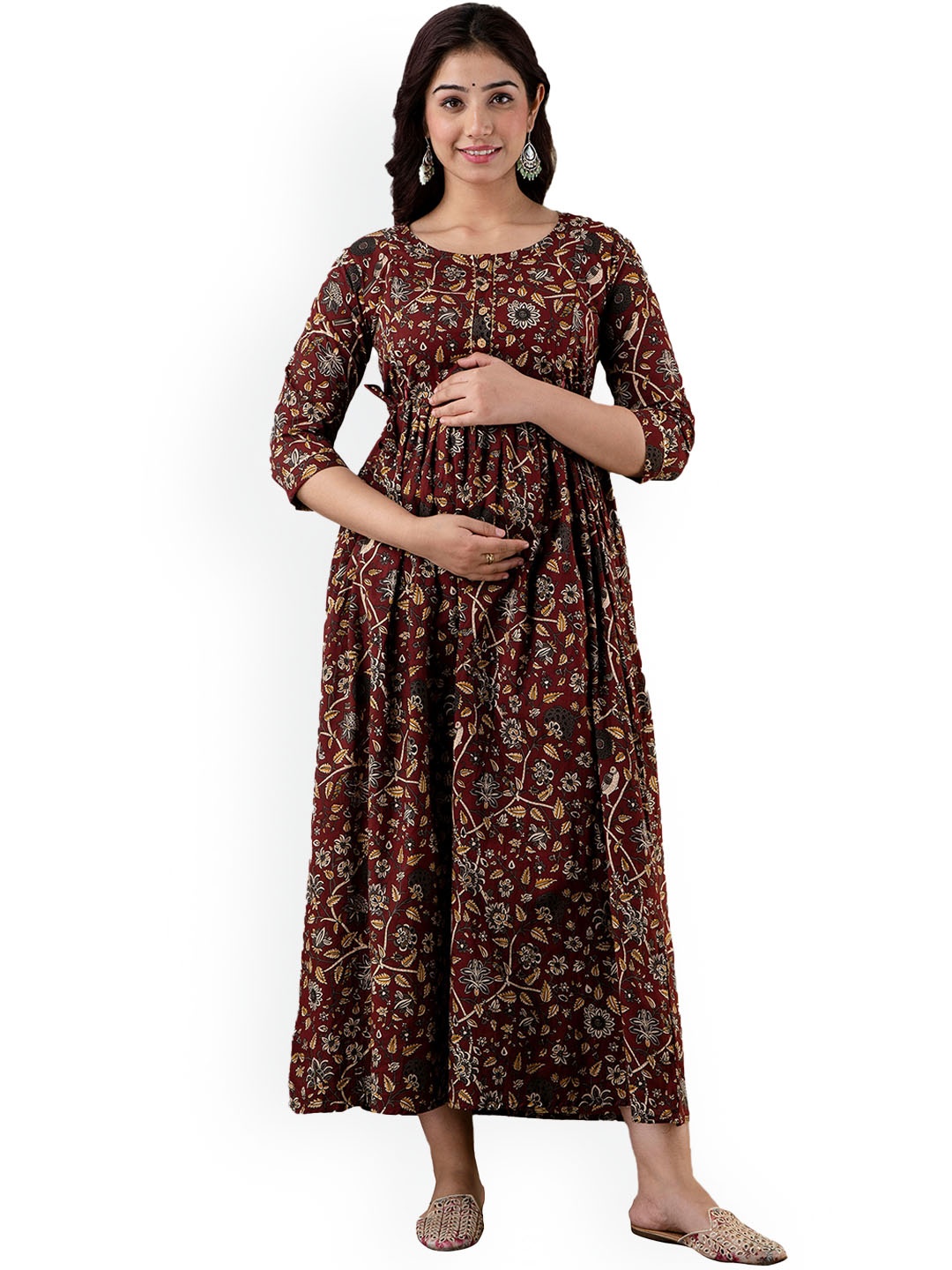 

NITVAN Floral Printed Gathered Detail Cotton Maternity Feeding Dress, Maroon