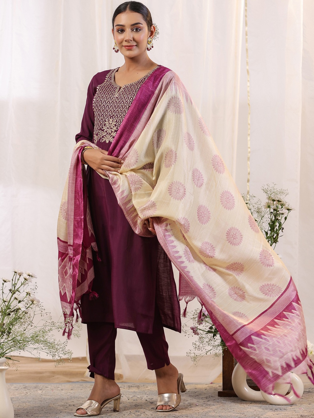 

Ishin Ethnic Motifs Embroidered Regular Kurta With Trousers & Dupatta, Purple