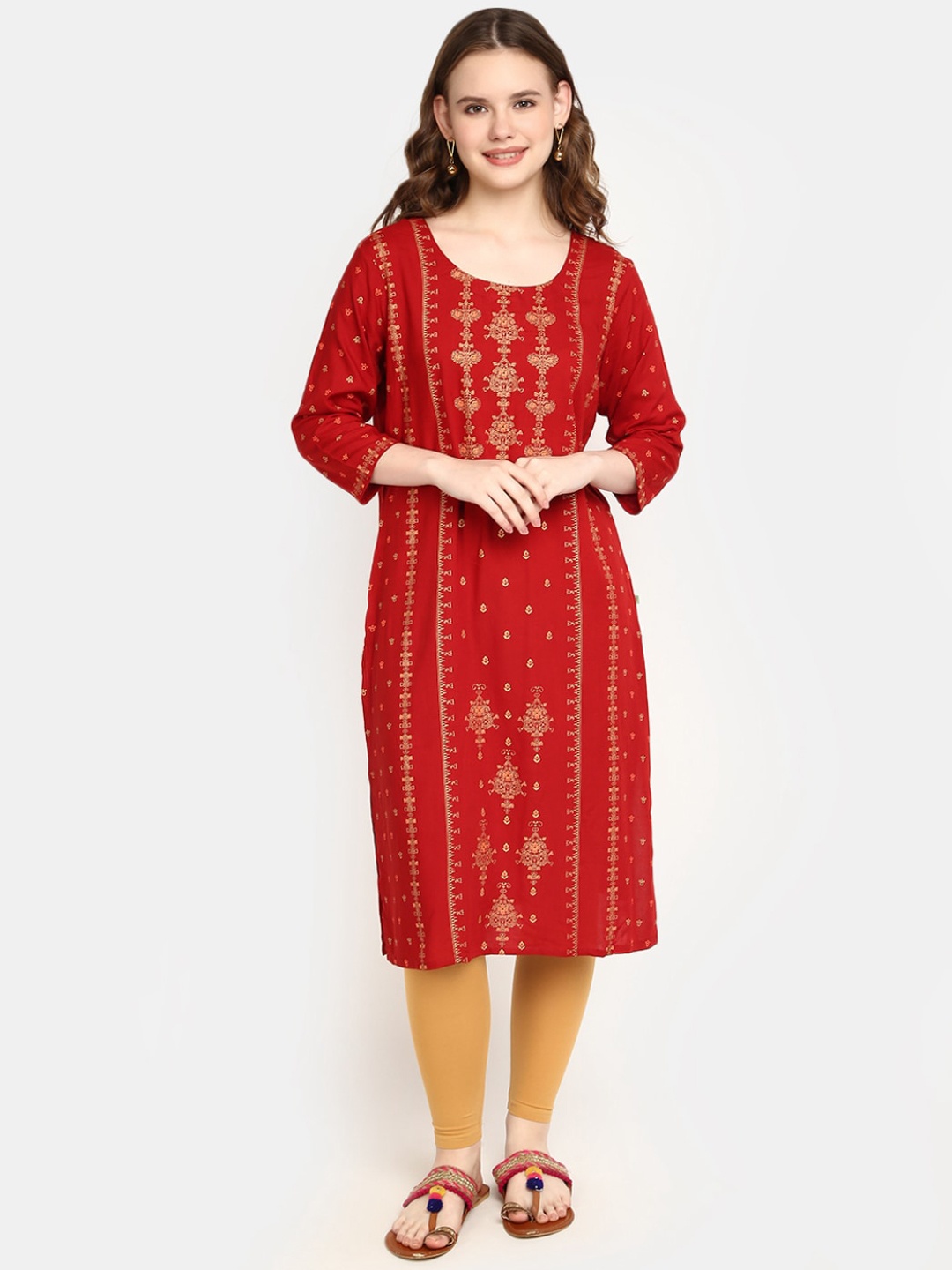 

V-Mart Women Maroon Floral Printed Flared Sleeves Mirror Work Kurta