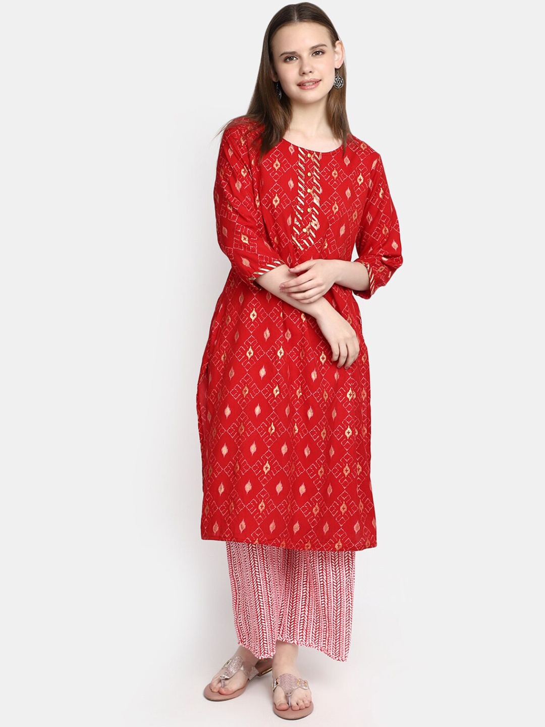 

V-Mart Ethnic Motifs Printed Pure Cotton Straight Kurta, Red