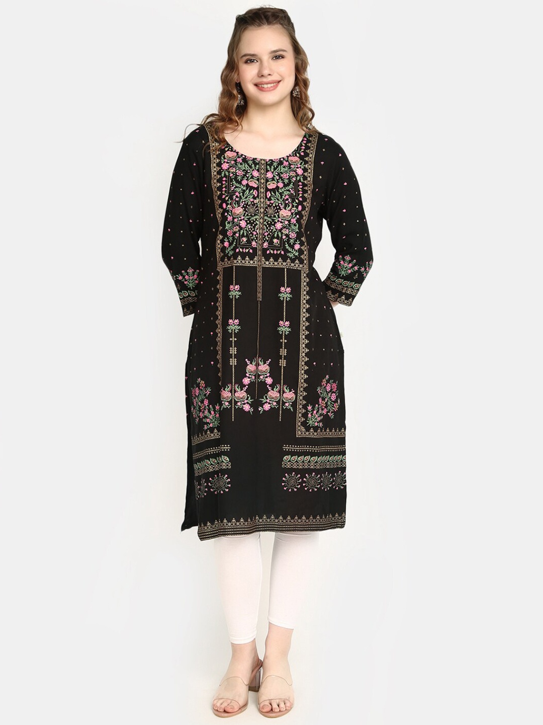 

V-Mart Ethnic Motifs Printed Straight Kurta, Black