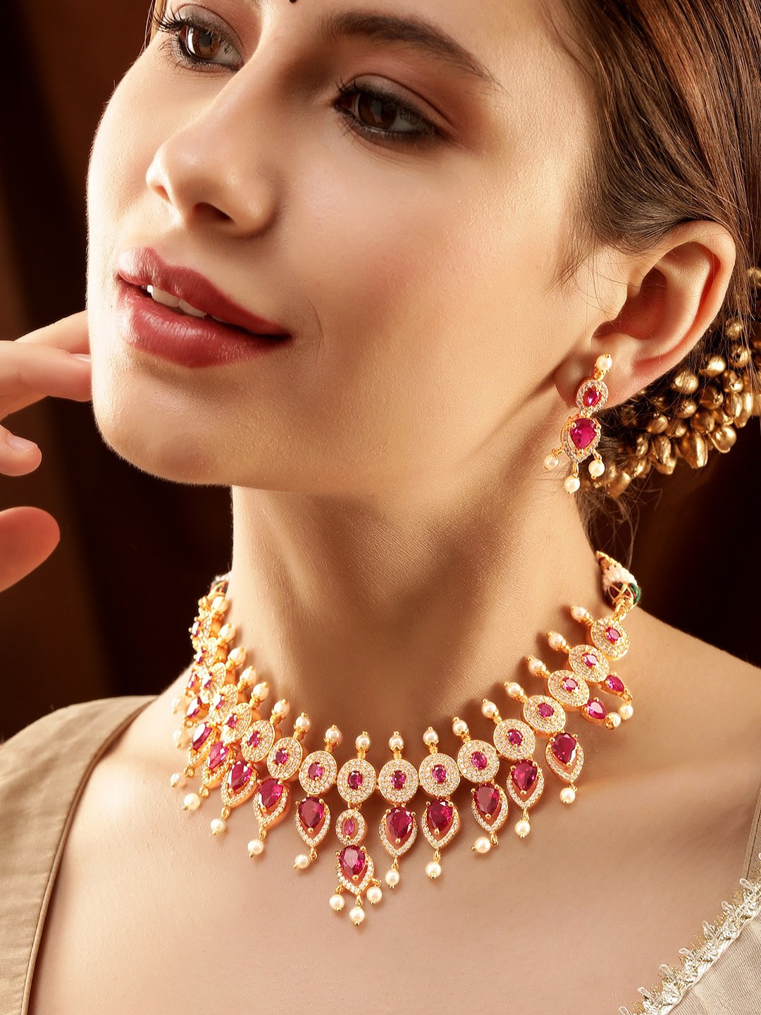 

Rubans Premium 24K Gold Plated Ruby & CZ Studded and Pearl Beaded Traditional Necklace Set