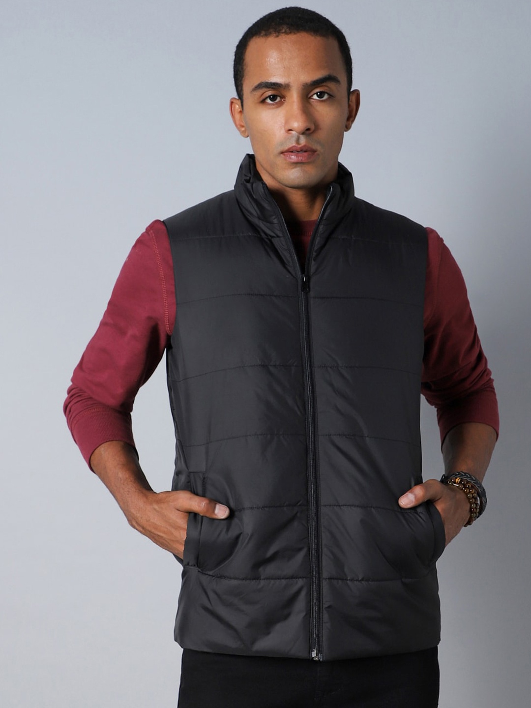 

High Star Mock Collar Sleeveless Padded Jacket, Black