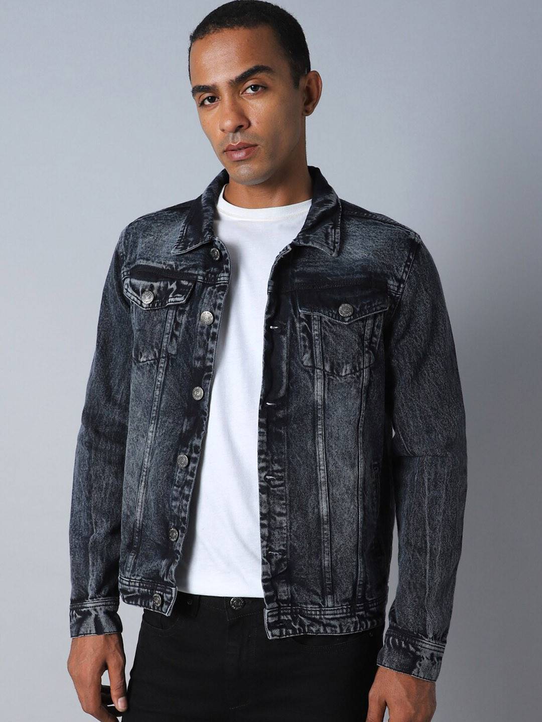 

High Star Washed Spread Collar Long Sleeves Denim Jacket, Black