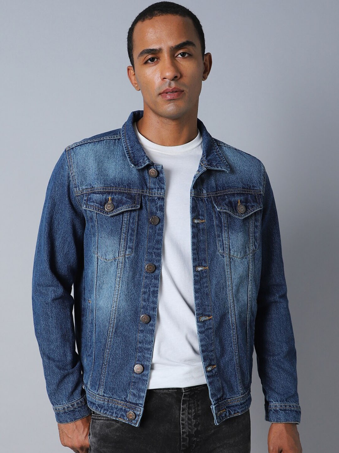 

High Star Men Blue Washed Outdoor Denim Jacket with Patchwork