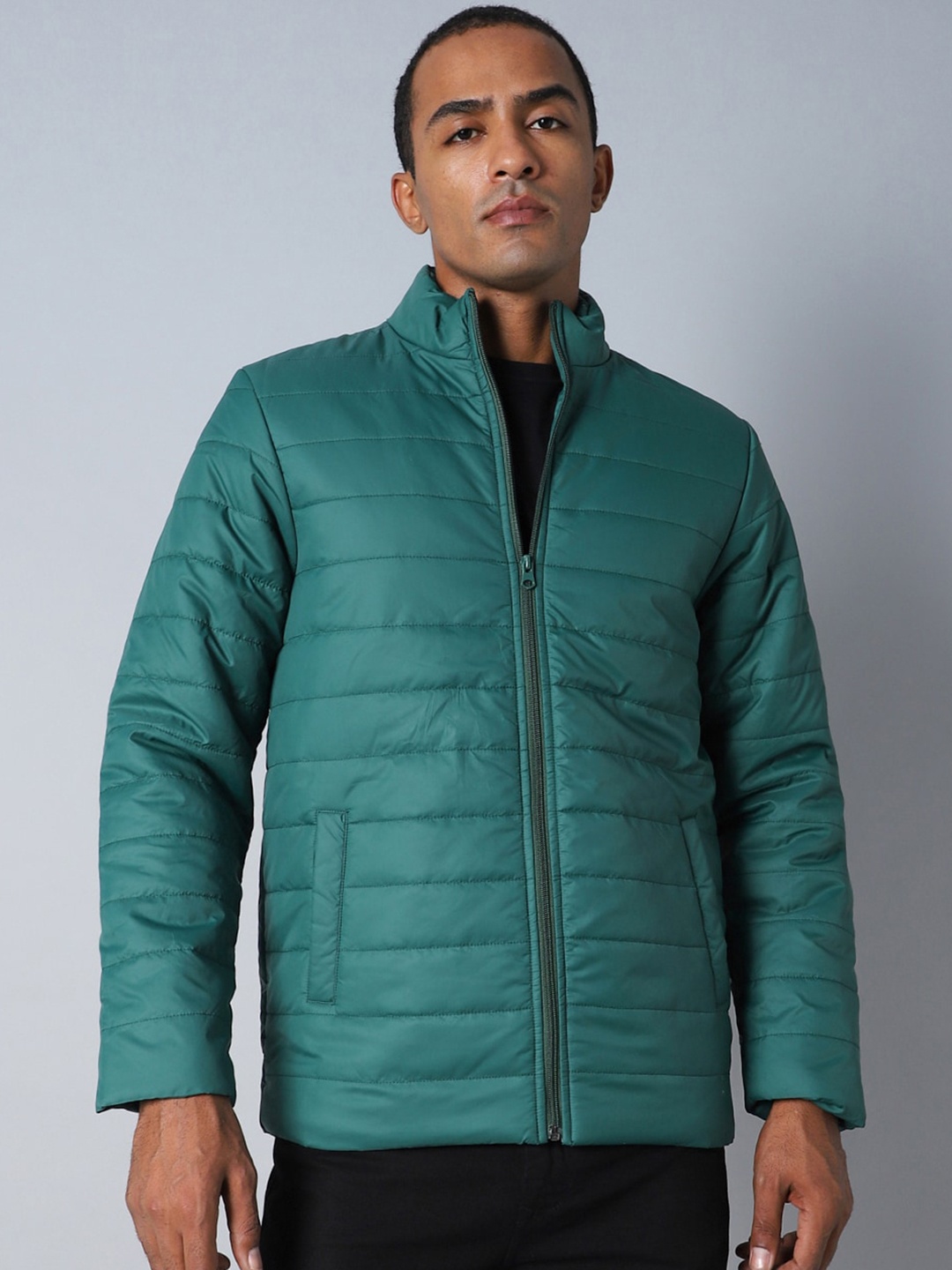 

High Star Mock Collar Long Sleeves Puffer Jacket, Teal