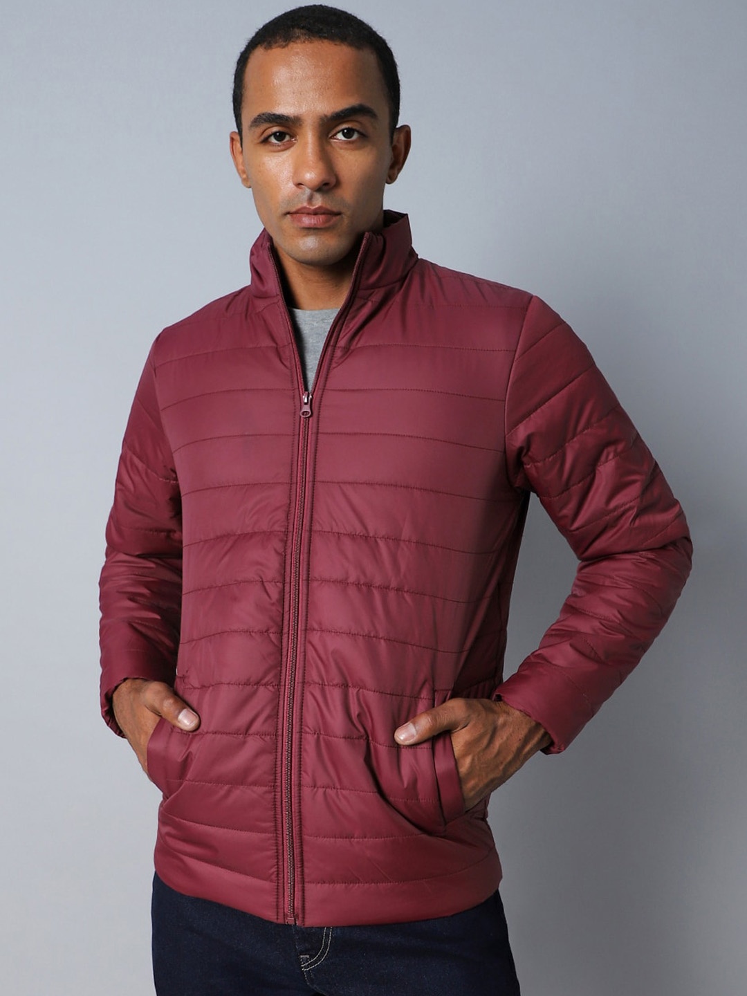High Star Mock Collar Long Sleeves Puffer Jacket, Maroon