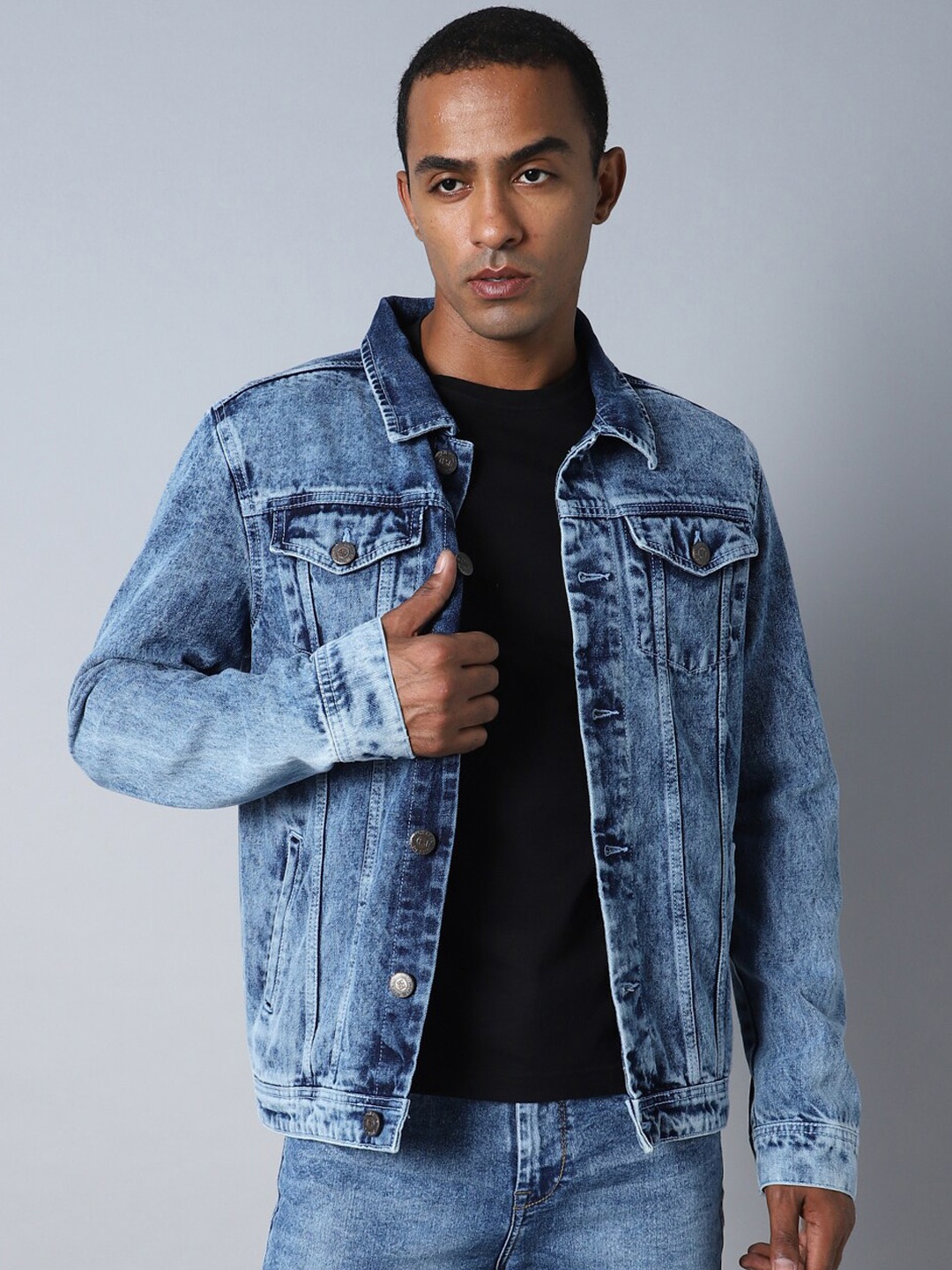 

High Star Washed Spread Collar Long Sleeves Denim Jacket, Blue
