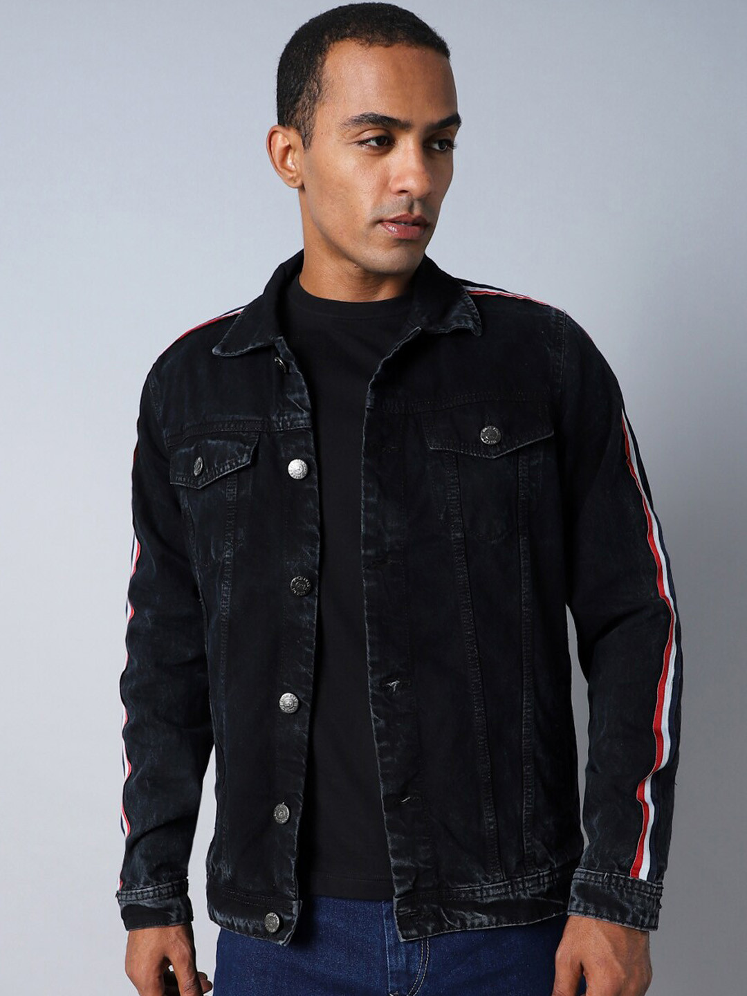 

High Star Washed Spread Collar Long Sleeves Denim Jacket, Black