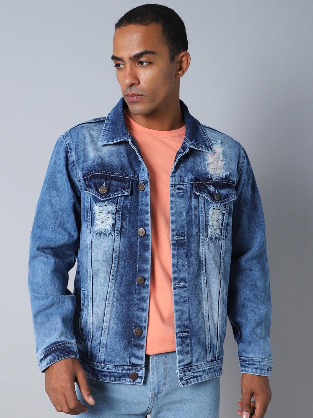 

High Star Men Blue Washed Outdoor Denim Jacket with Embroidered
