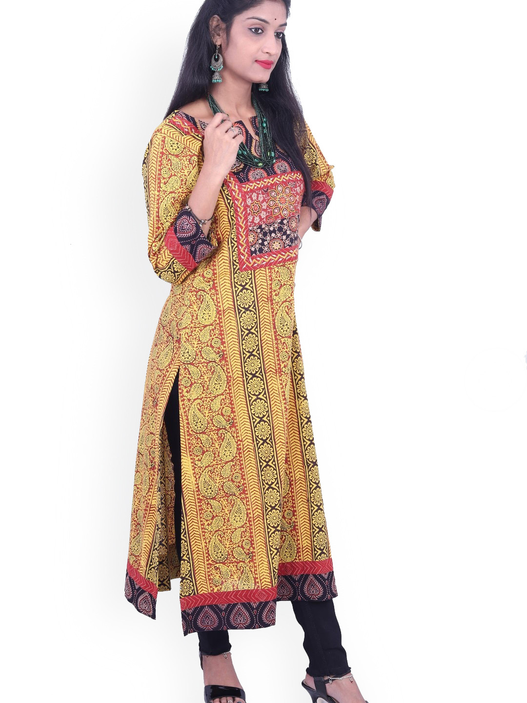 

WEAVERS SAGA Ethnic Motifs Printed Pure Cotton A Line Kurta, Yellow
