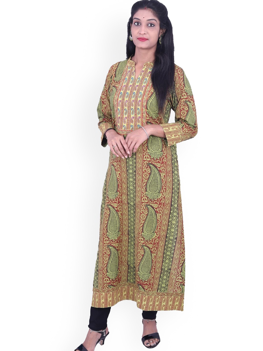 

WEAVERS SAGA Ethnic Motifs Printed Mandarin Collar Pure Cotton Kurta, Green