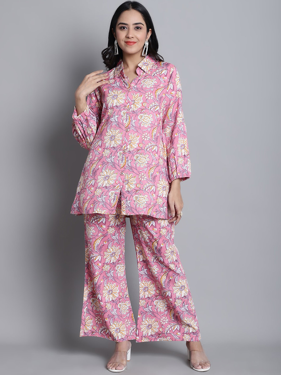 

Assamica Floral Printed Shirt Collar Pure Cotton Kurti With Palazzos, Pink